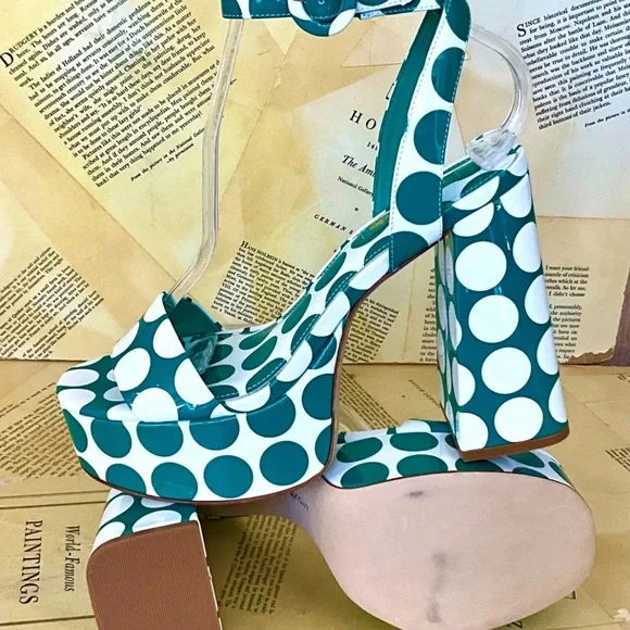 Anthropologie Larroude Dolly Platform Sandal Green White Patent Polka Dot - Picture 5 of 10